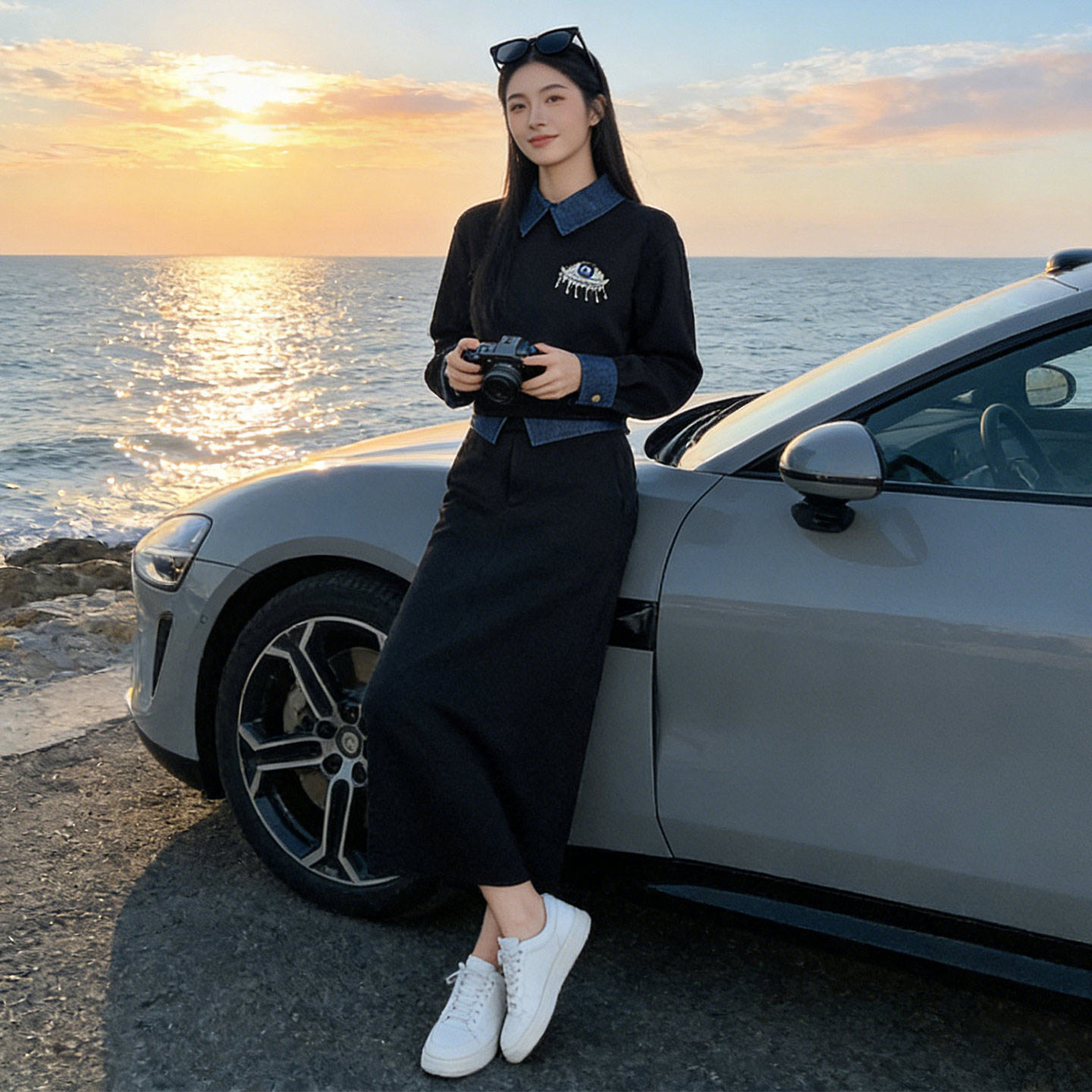 欧系洋气时尚高级感套装女春袖口衣领拼接色设计卫衣半身裙两件套,女装套装/套裙,2C310