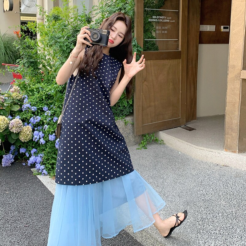 法式轻熟风半身裙套装女2025夏季新款拼接百搭波点无袖背心长裙,女装套装/套裙,2C117