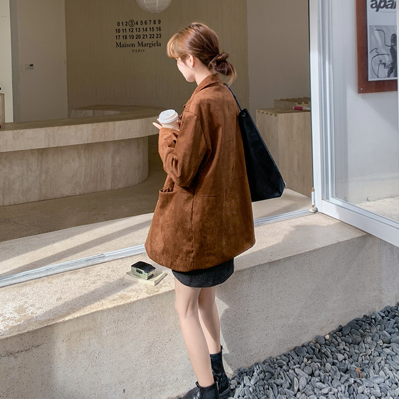 美拉德咖色麂皮绒西装外套女2025春秋新款韩系高级感炸街通勤西服图片