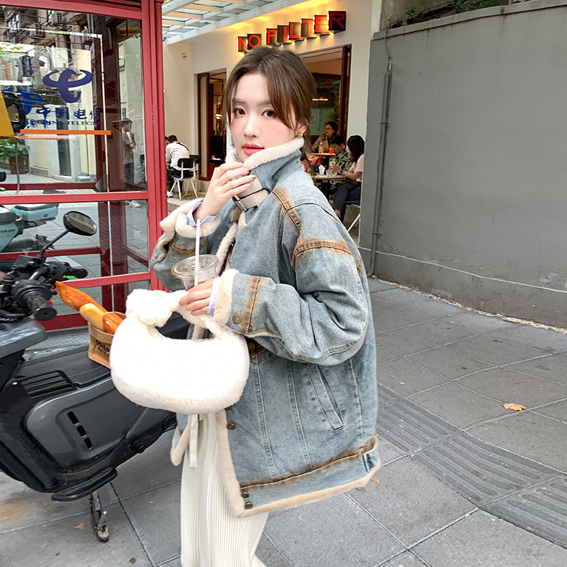 羊羔毛加绒牛仔衣女秋冬宽松加厚短外套3075-P195-K268,女装棉衣/棉服,2C166