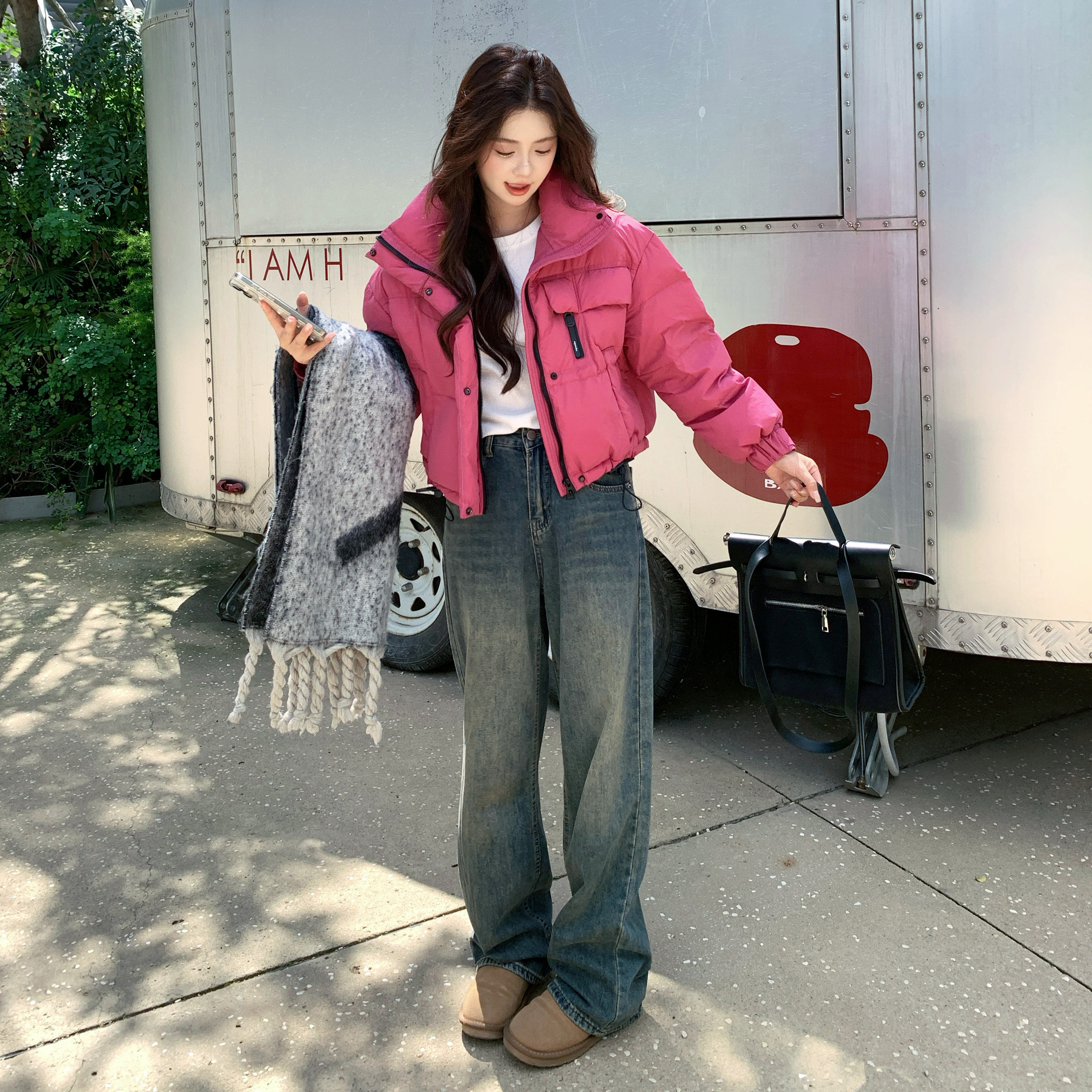 玫粉色爆款短款羽绒服外套女冬季2025新款白鸭绒小个子保暖面包服,女装羽绒服,2C122