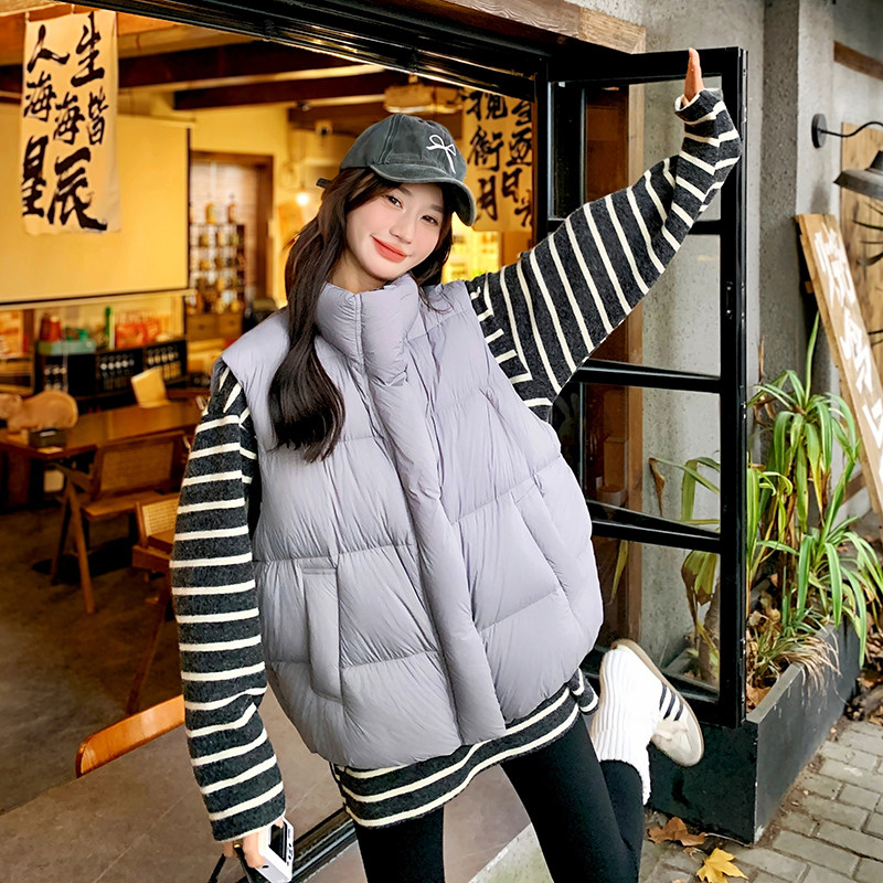 紫色羽绒服马甲女秋冬2025新款立领设计感宽松保暖减龄面包服外套,女装马甲,2C131