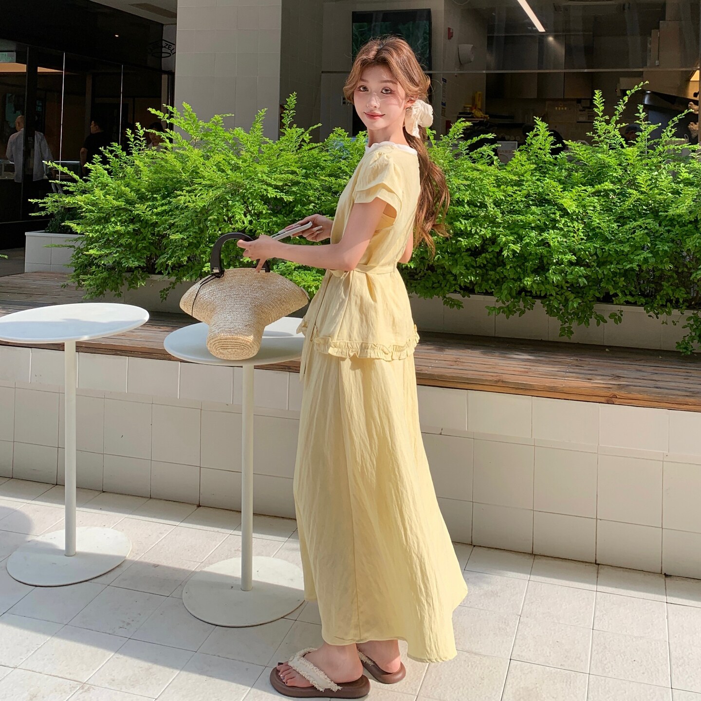 韩系减龄木耳边系带上衣半身裙套装女2025夏新款高级感甜美两件套,女装套装/套裙,2C109