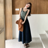 渐变色复古牛仔吊带连衣裙套装女2025秋巨好看针织开衫长裙两件套，女装套装/套裙，2C159