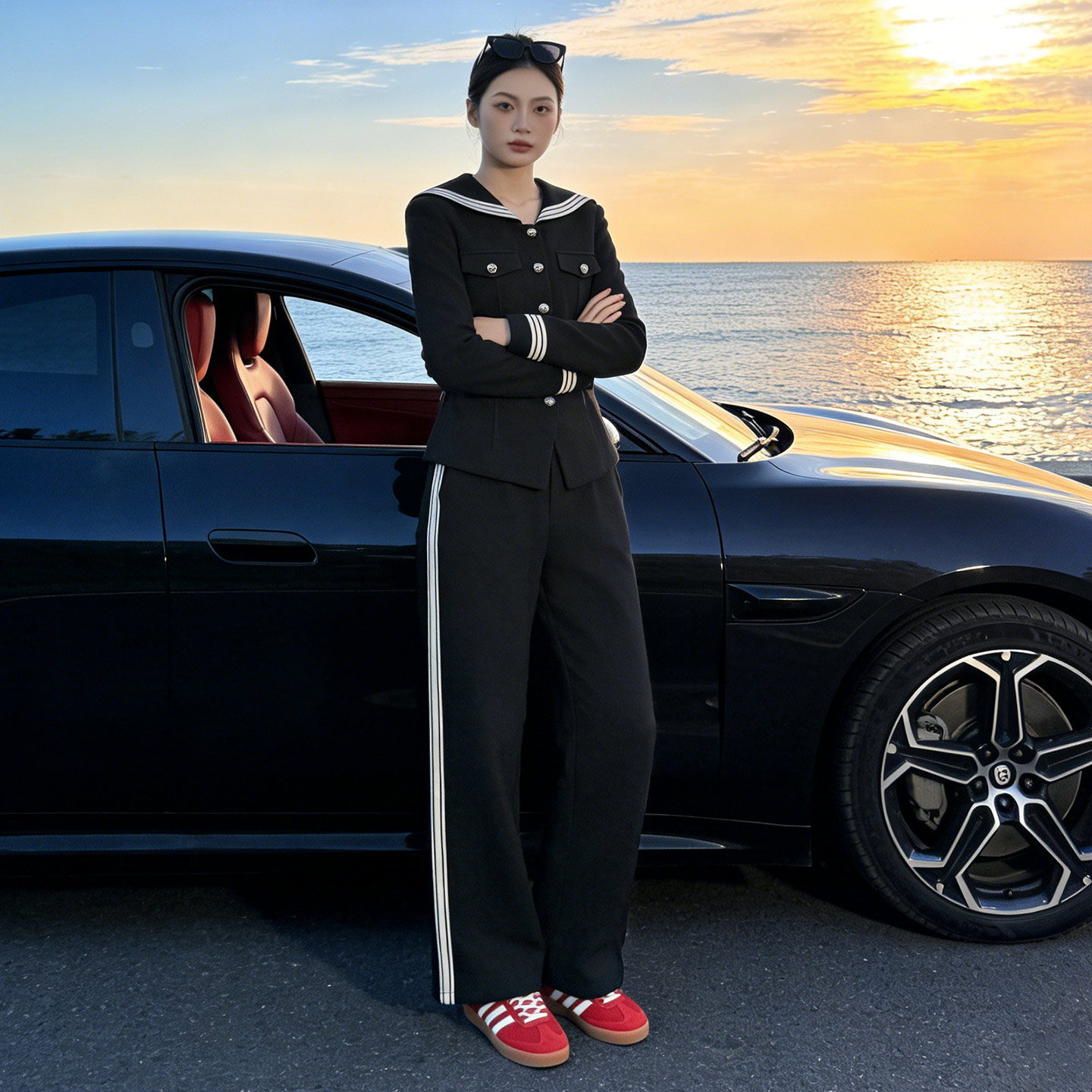 设计感时尚气质简约套装女春季新款海军领修身长袖阔腿长裤两件套图片