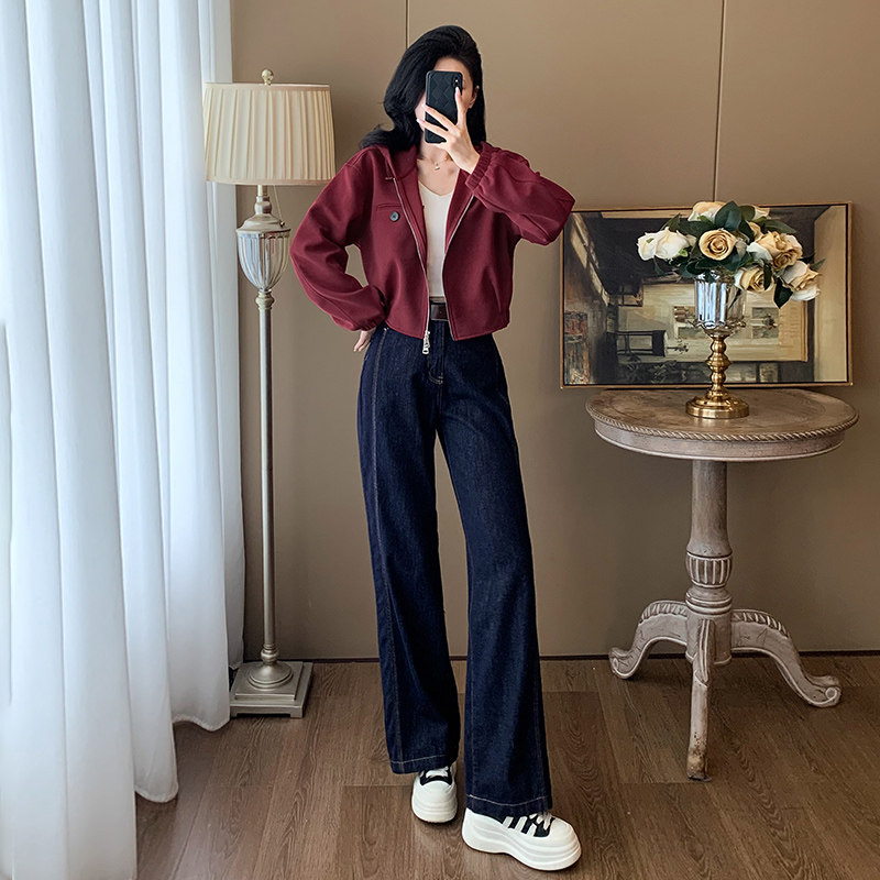 女秋季新款酒红色卫衣直筒牛仔裤套装,女装套装/套裙,2C310