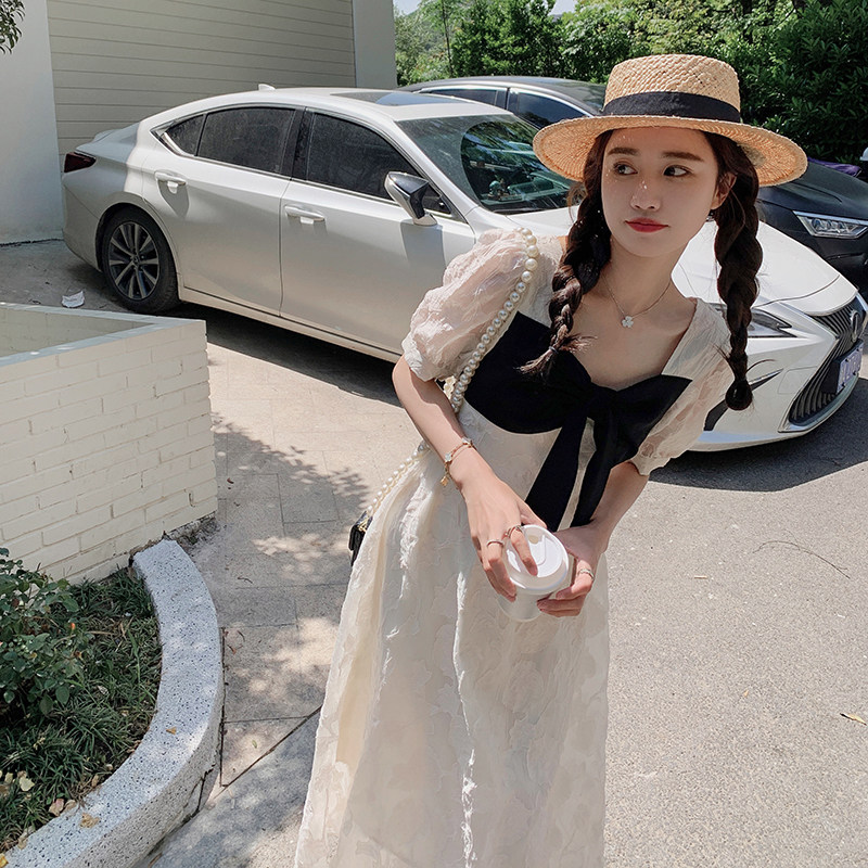 法式拼接蝴蝶结设计感连衣裙女2023夏新款法式轻熟风仙女露背长裙,女装连衣裙,2C269
