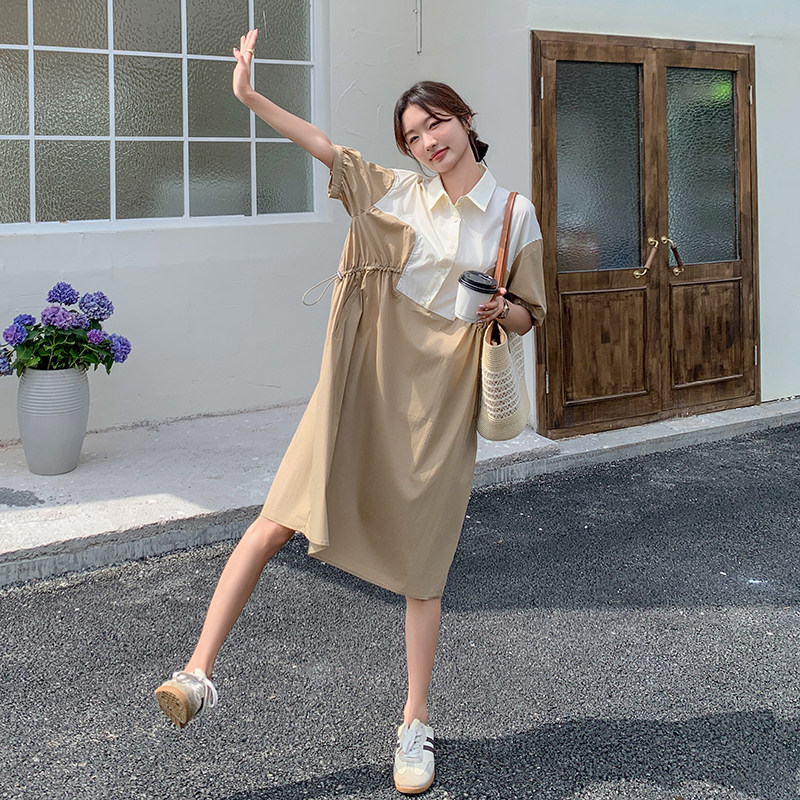 卡其色拼色Polo领连衣裙夏女2024新款设计感气质宽松中长款衬衫裙,女装连衣裙,2C159