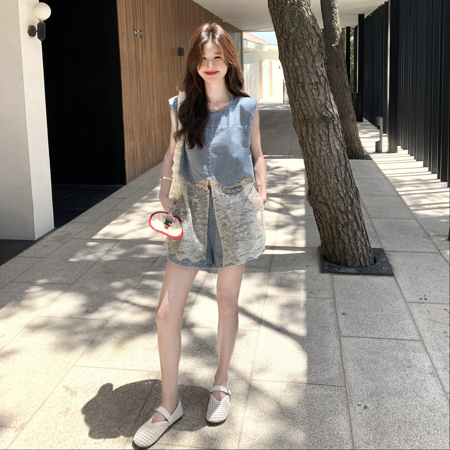甜美蕾丝拼接牛仔短裤套装女夏2025新款小个子巨好看高级感两件套图片