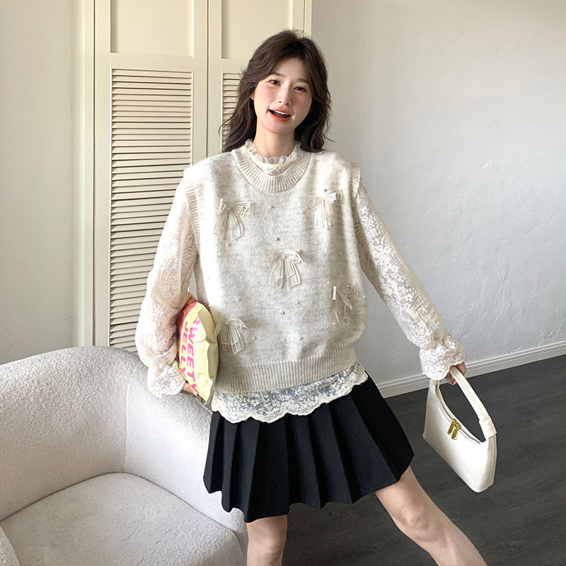 新品法式蕾丝打底衫+蝴蝶结毛衣马甲两件套5860-P125-K178,针织衫/毛衣,2C159