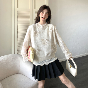 新品 法式蕾丝打底衫+蝴蝶结毛衣马甲两件套5860-P125-K178图片