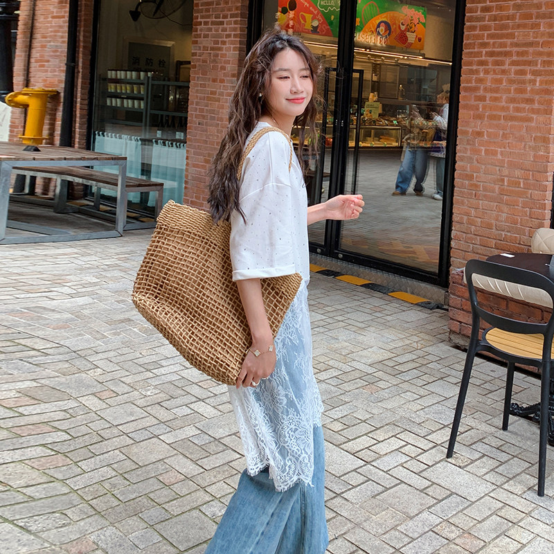 法式时尚甜美重工烫钻T恤裙女2025夏季新款韩版宽松显瘦拼接上衣,女装蕾丝衫/雪纺衫,2C087