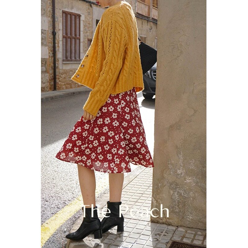 MICHELLY MO French Vintage Red Printed Bubble Sleeve Medium and Long Edition Interior Dress Women