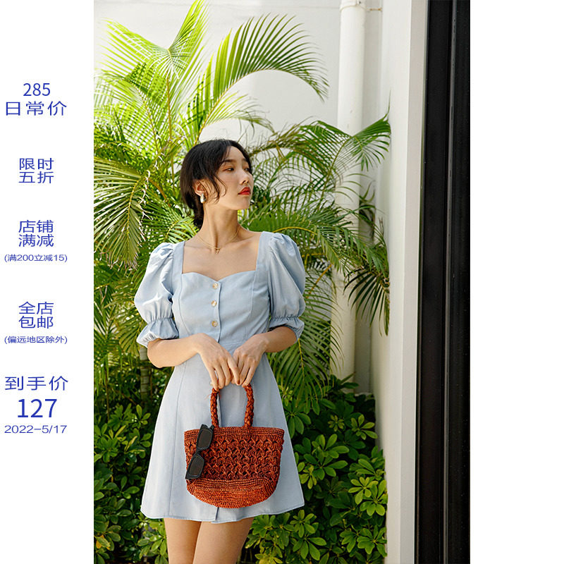 MICHELLLYMO French style retro square collar collection waist palace Palace Wind Bubble foam sleeves Body Slim Fit