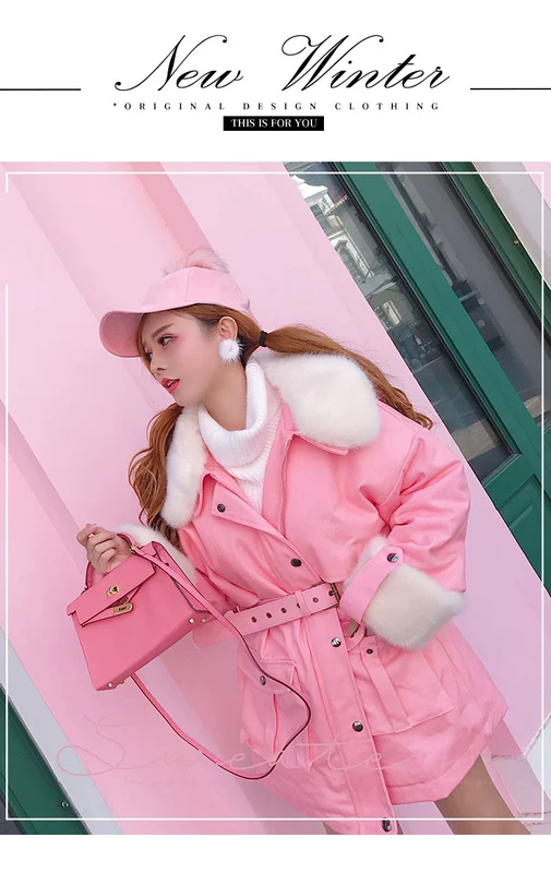 Dụng cụ áo khoác Parker áo hồng mùa đông Hàn Quốc ulzzang lớn lông cổ áo thắt lưng eo quần áo cotton