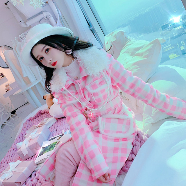 Dongdongwu Sweet Pink and White Plaid Woolen Coat Winter Fleece Collar Waist Slim Long Woolen Coat Women's Knee-Level