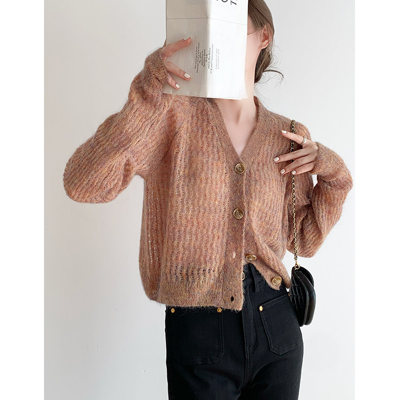 HICECI baby mohair French hollow sweater women's thin autumn and winter new knitted cardigan long sleeve retro