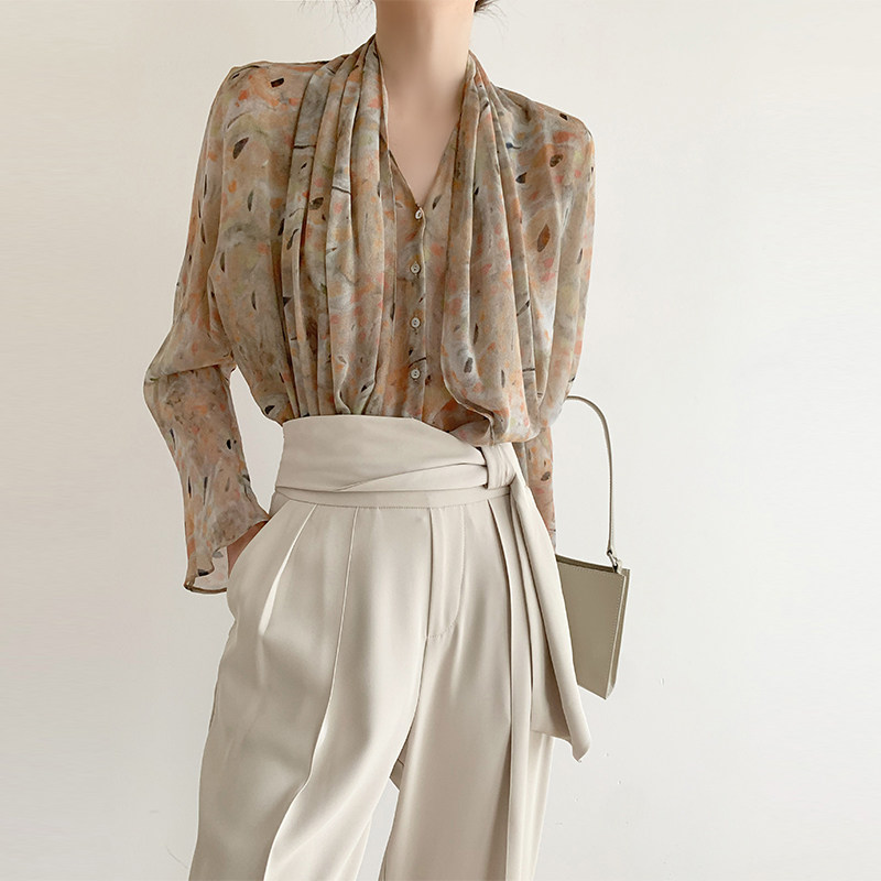 HICECI Monet Garden Silk Fake Two Pieces of Silk Shirt Woman with French Crush Flower Shirt Spring and Summer