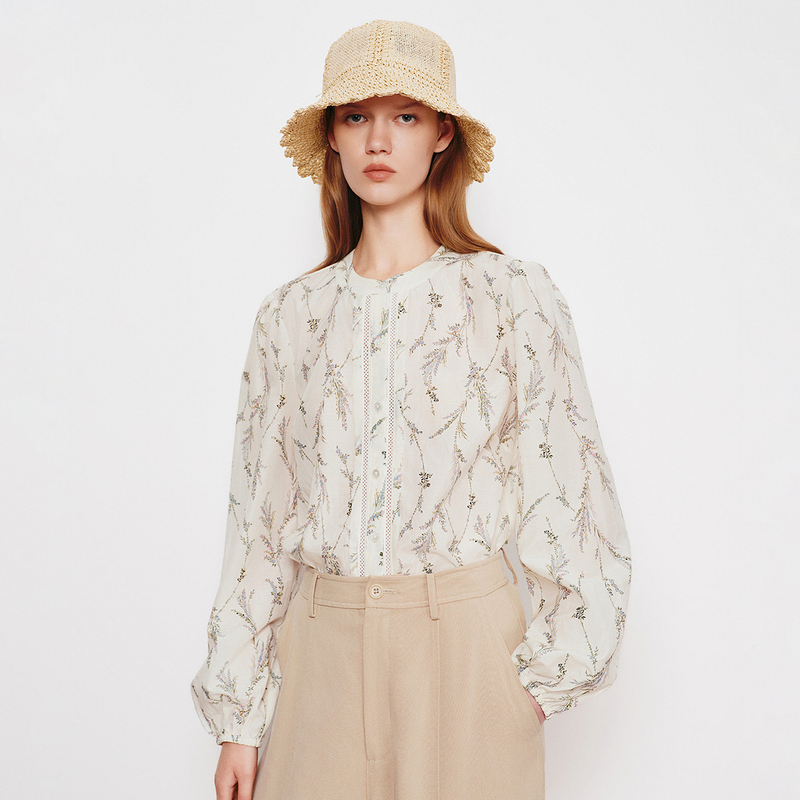 Insect-Themed "Provence Evening Breeze" French Resort-Style Lavender Floral 12mm Silk-Cotton Lace Placket Shirt