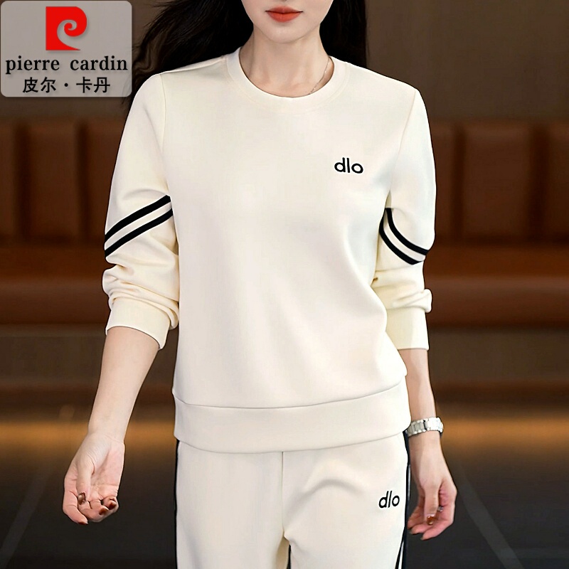 Pierre Cardin Sports Suit for Women, Spring and Autumn New Style, Fashionable Running Casual Wear, Round Neck Sweatshirt Two-Piece Set