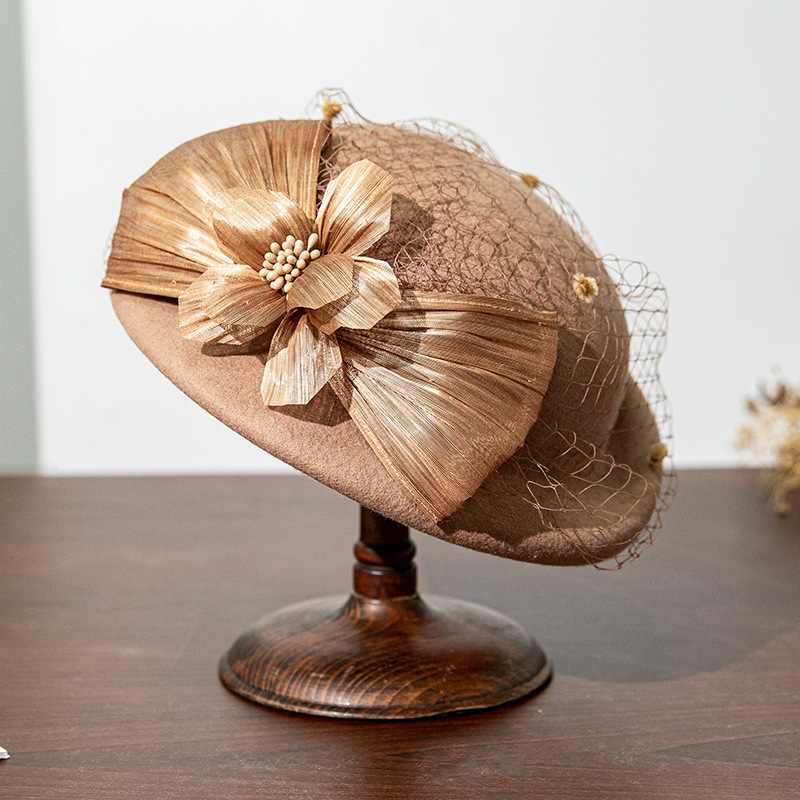100% Wool! Silk Linen Floral Yarn Beret, High-End and Elegant Hat, Painter's Hat, Women's Felt Woolen Hat