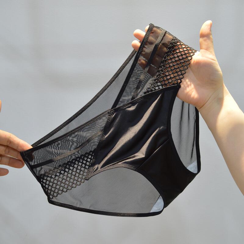 Mid-Waist Spliced Design Cotton Crotch Briefs Lace Satin Women's Underwear French Hollow Mesh Breathable and Fashionable