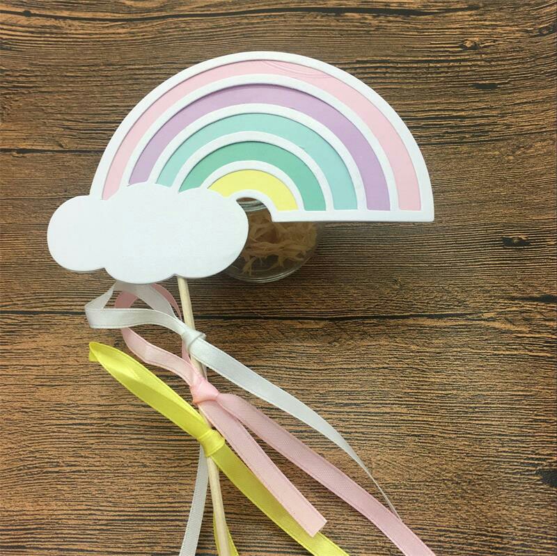 Gorgeous Romantic Little Fresh Pink Ribbon silk with big rainbow Cloud Dot Birthday Cake inserts Sweet Terrace Decoration Items