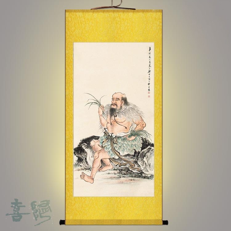 炎帝神农氏画像 古代神话人物挂画装饰画 中式复古丝绸卷轴画定制