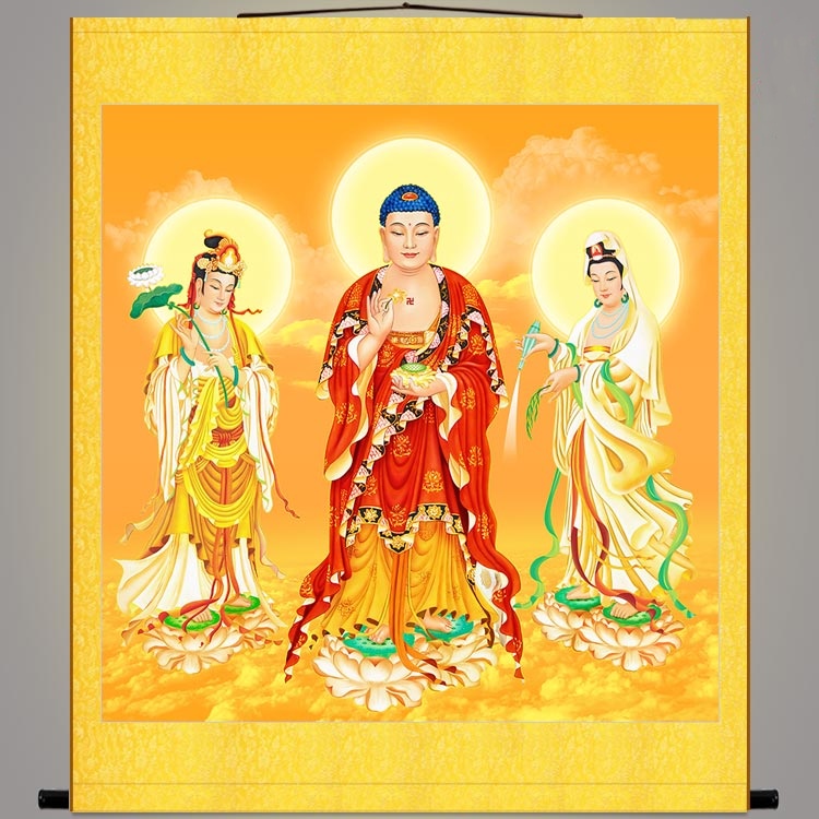 High-definition Western Three Sacred Hanging Paintings Amitabha Buddha Receiving Buddha Figure Guanyin Dashi to Bodhisattva Offering Scroll Portrait