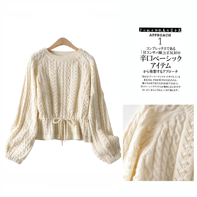 European and American wind large single foreign trade Original Yu order tail goods Cut Mark 2022 Autumn Winter Pumping Rope Round Neckline Sweater Knit Cardiovert