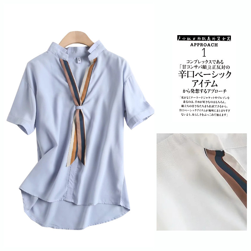 2022 spring and summer new foreign trade export factory single cut label discount thin vertical striped bow tie short-sleeved shirt shirt