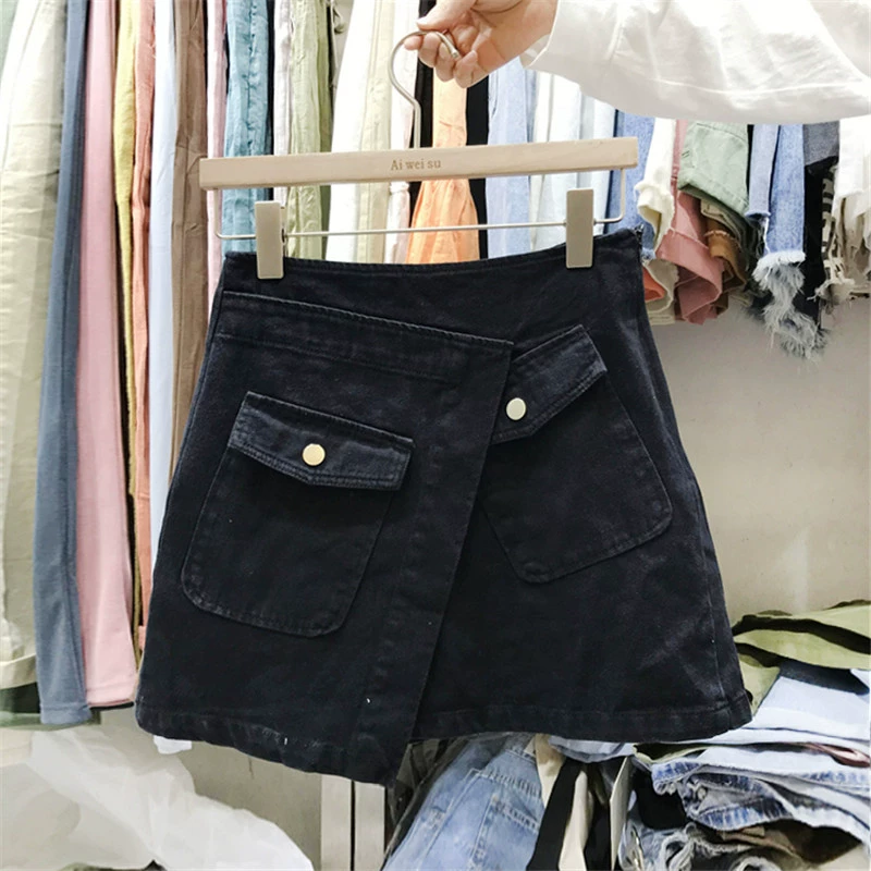 AIweISU Avisu mới váy denim không đều mùa hè 2019 phiên bản Hàn Quốc của túi quần váy - Váy chân váy ngắn chữ a