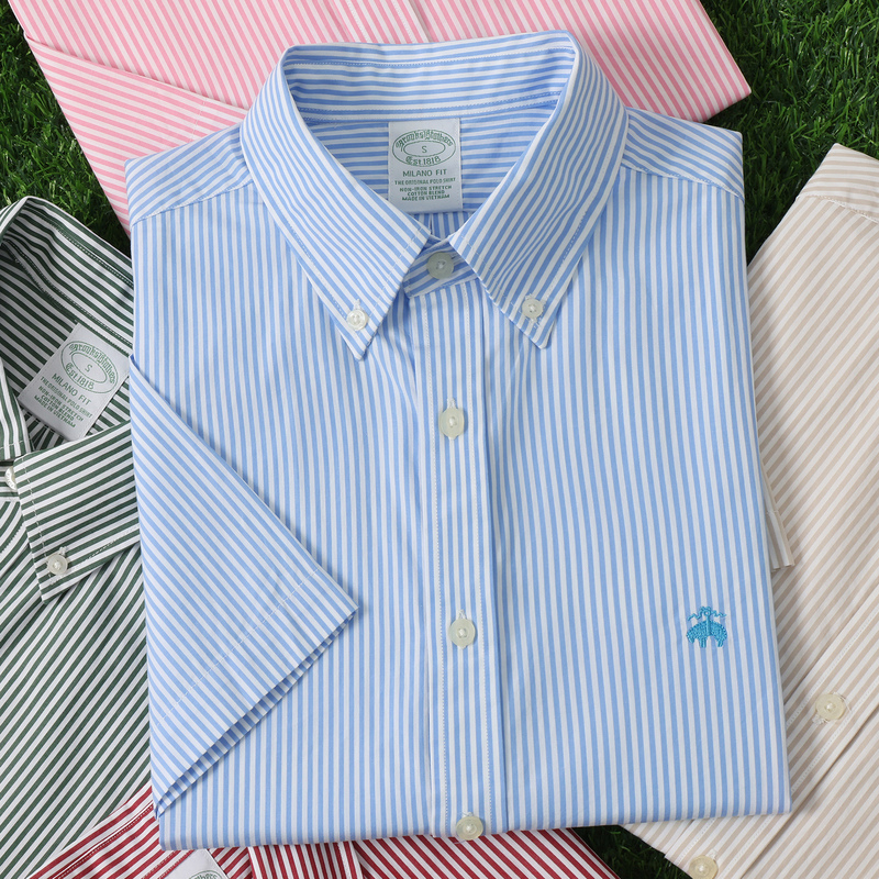 Brooks Brothers Men's Short-Sleeved Shirt Pure Cotton Vertical Stripes Loose Non-Iron Polo Shirt
