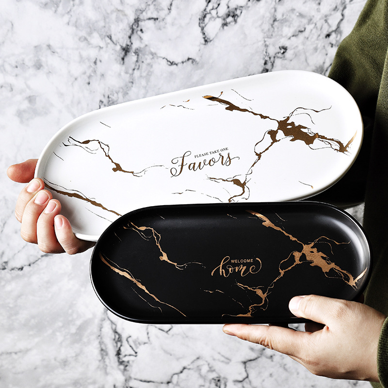 Nordic INS light luxury style Marbled oval plate Gold grain Western plate Dessert plate Jewelry storage plate Breakfast plate