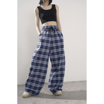 LAN VIVIER yuppie personality elastic lace-up waist super loose wide leg long classic plaid casual pants
