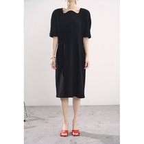 LAN VIVIER wavy neckline straight up waist long mid-sleeve knee elegant dress solid color commute