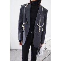 LAN VIVIER niche design heavy industry pearl pendant wide sense high gray neatly handsome suit jacket