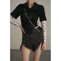 LAN vivivier 21 spring and summer niche design love leather lanyard asymmetric lapel short waist T-shirt