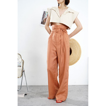 LAN VIVIER French style paper people effect linen texture big long legs high waist wide legs casual pants women