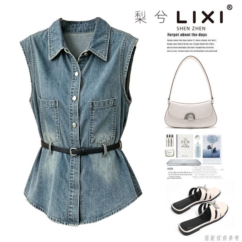 Same Style as the Store's Hong Kong-Style Washed Blue Waist-Cinching Denim Vest for Women, Summer Thin Sleeveless Collared Shirt Top with Belt Same Style as the Store's Hong Kong-Style Washed Blue Waist-Cinching Denim Vest for Women, Summer Thin Sleeveless Collared Shirt Top with Belt