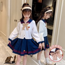 Girl autumn foreign style embroidered strawberry college style dress 2021 New 8 fashion navy collar pleated skirt two-piece