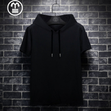 European Station Pure Cotton Hooded Short Sleeve T-shirt Men's Fashion Pullover Sports Half Sleeve T-shirt Sweater Casual Large Summer