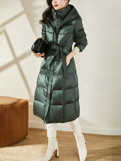 Popular upgrade, artistic retro glossy hooded lace-up waist high collar thickened real white goose down long down jacket