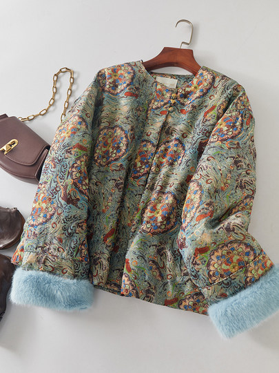 Jianman Dunhuang Symphony New National Trend 90 White Goose Down Rayon Digital Printed Raw Edge Cuffs Down Jacket for Women