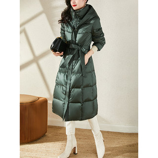 Popular Upgrade: Artistic Retro Glossy Hooded Lace-Up Waist-Cinching High-Neck Thickened Genuine White Goose down Long down Jacket