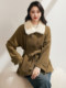 Jianman Winter Warm Velvet Wool Lace Waisted Fur Collar Coat for Women Artistic Style Special Furry Coat