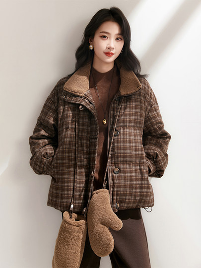 Jianman retro plaid autumn and winter warm white duck down jacket for women lamb fur collar bread coat with gloves