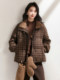Jianman retro plaid autumn and winter warm white duck down jacket for women lamb fur collar bread coat with gloves