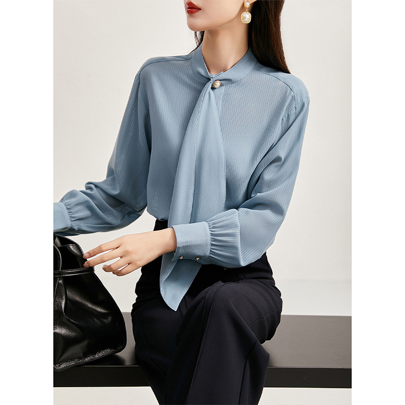 Simple and Casual Long-Sleeved Shirt Top for Women with Hollow Texture and Vertical Stripes in the Style of Greek Coast Simple and Casual Long-Sleeved Shirt Top for Women with Hollow Texture and Vertical Stripes in the Style of Greek Coast