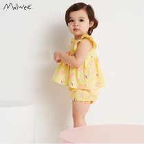 Children and girls summer short-sleeved shorts two-piece cute baby cotton shoulder set Yellow foreign soft